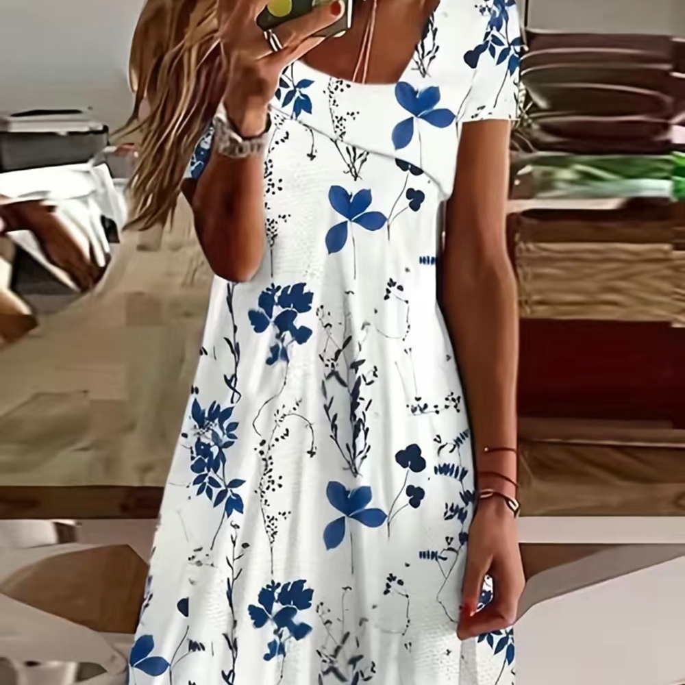 NWOT WOMENS FOLIAGE PRINT ASYMMETRICAL NECKLINE KNEE LEGNTH DRESS NAVY WHITE SM